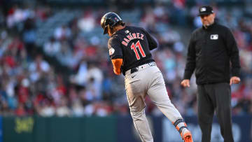 May 25, 2024; Anaheim, California, USA; Cleveland Guardians third baseman Jose Ramirez (11) runs the bases after hitting a two-run home run against the Los Angeles Angels during the third inning at Angel Stadium.