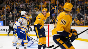 Feb 8, 2025; Nashville, Tennessee, USA;  Nashville Predators defenseman Brady Skjei (76) celebrates his goal against the Buffalo Sabres during the first period at Bridgestone Arena. Mandatory Credit: Steve Roberts-Imagn Images