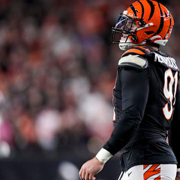 Cincinnati Bengals defensive end Trey Hendrickson (91) smiles after forcing the Broncos to punt during overtime of the NFL Week 17 game between the Cincinnati Bengals and the Denver Broncos at Paycor Stadium in downtown Cincinnati on Saturday, Dec. 28, 2024. The Bengals took a 30-24 win in overtime to remain in the post season chase.