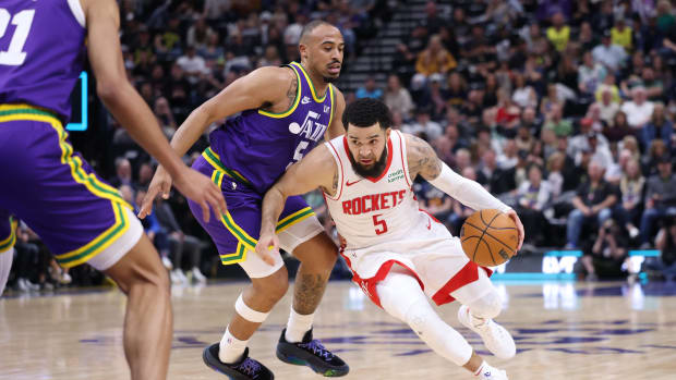 Apr 11, 2024; Salt Lake City, Utah, USA; Houston Rockets guard Fred VanVleet (5) drives