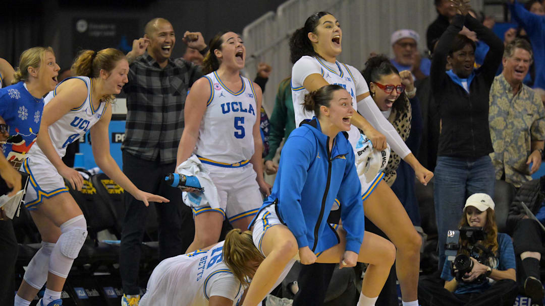 Dec 20, 2025; Los Angeles, California, USA; UCLA Bruins bench reacts after a basket by guard Megan Grant (not pictured) during the second half against Long Beach State Beach at Pauley Pavilion presented by Wescom Financial. Mandatory Credit: Jayne Kamin-Oncea-Imagn Images