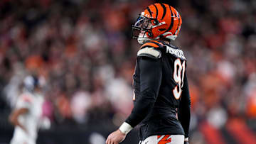 Cincinnati Bengals defensive end Trey Hendrickson (91) smiles after forcing the Broncos to punt during overtime of the NFL Week 17 game between the Cincinnati Bengals and the Denver Broncos at Paycor Stadium in downtown Cincinnati on Saturday, Dec. 28, 2024. The Bengals took a 30-24 win in overtime to remain in the post season chase.