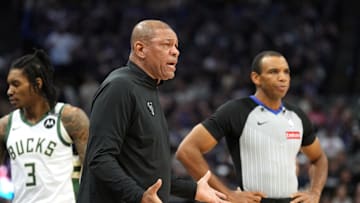 Milwaukee Bucks head coach Doc Rivers yells during the first quarter against the Sacramento Kings at Golden 1 Center on Saturday.