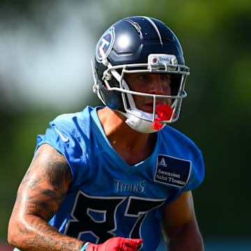 Tennessee Titans wide receiver Xavier Restrepo goes through drills during training camp. Mandatory Credit: Steve Roberts-Imagn Images