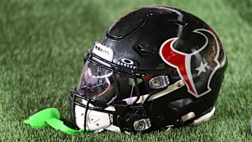 Aug 9, 2024; Pittsburgh, Pennsylvania, USA;  A Houston Texans helmet sits on the sidelines during the 4th quarter against the Pittsburgh Steelers at Acrisure Stadium. Mandatory Credit: Barry Reeger-Imagn Images