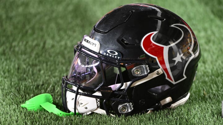 Aug 9, 2024; Pittsburgh, Pennsylvania, USA;  A Houston Texans helmet sits on the sidelines during the 4th quarter against the Pittsburgh Steelers at Acrisure Stadium.  