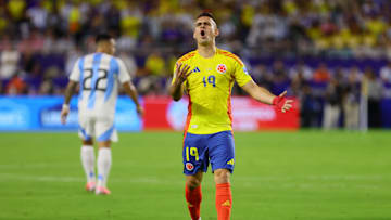 Jul 14, 2024; Miami, FL, USA; Colombia forward Rafael Borre (19) reacts against Argentina.