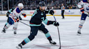 Oct 25, 2025; Seattle, Washington, USA; Seattle Kraken forward Jordan Eberle (7) shoots the puck during the second period at Climate Pledge Arena. Mandatory Credit: Stephen Brashear-Imagn Images