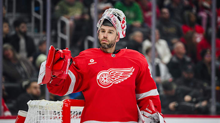 Nov 27, 2024; Detroit, Michigan, USA; Detroit Red Wings goaltender Cam Talbot (39) looks on during the first period against the Calgary Flames at Little Caesars Arena. Mandatory Credit: Tim Fuller-Imagn Images