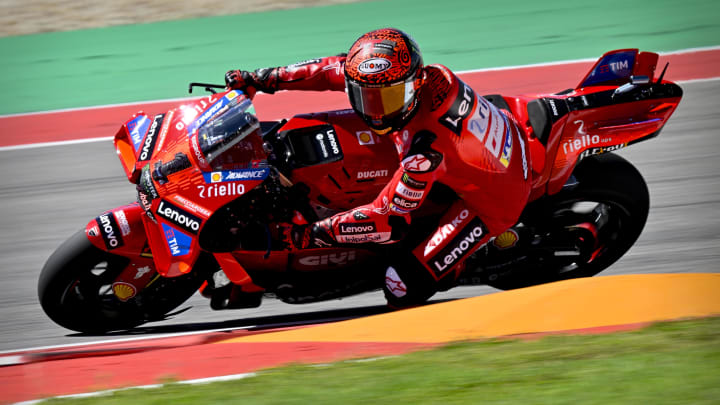 Apr 12, 2024; Austin, TX, USA; Francesco Bagnaia (1) of Italy and Ducati Lenovo Team during practice for the MotoGP Grand Prix of the Americas at Circuit of The Americas. Mandatory Credit: Jerome Miron-USA TODAY Sports