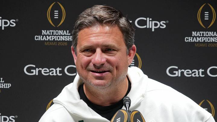 Jan 17, 2026; Miami Gardens, FL, USA; Miami Hurricanes offensive coordinator Shannon Dawson talks to the media during media day for the 2025 College Football Playoff National Championship at Miami Beach Convention Center. Mandatory Credit: Kirby Lee-Imagn Images
