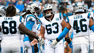 Sep 15, 2024; Charlotte, North Carolina, USA; Carolina Panthers center Austin Corbett (63) before the game at Bank of America Stadium.