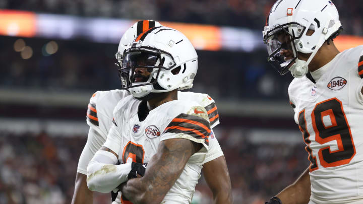 Dec 28, 2023; Cleveland, Ohio, USA; Cleveland Browns wide receiver Elijah Moore (8) celebrates after a touchdown during the first half against the New York Jets at Cleveland Browns Stadium. Mandatory Credit: Scott Galvin-USA TODAY Sports