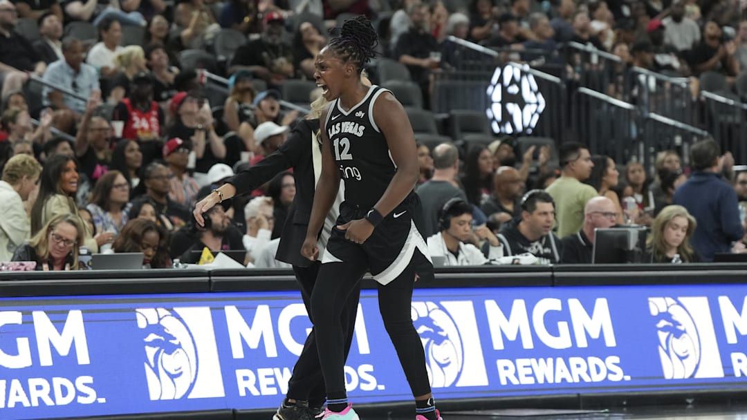 Sep 4, 2025; Las Vegas, Nevada, USA; Las Vegas Aces guard Chelsea Gray (12) reacts to a play against the Minnesota Lynx in the third quarter of their game at T-Mobile Arena. Mandatory Credit: Candice Ward-Imagn Images