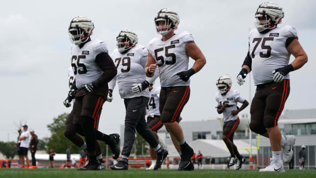 Aug 4, 2024; Cleveland Browns guard Germain Ifedi (65) and offensive tackle Dawand Jones (79) and center Ethan Pocic (55) and