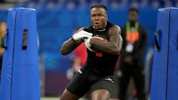 Mar 1, 2025; Indianapolis, IN, USA; Iowa running back Kaleb Johnson (RB16) during the 2025 NFL Combine at Lucas Oil Stadium. Mandatory Credit: Kirby Lee-Imagn Images