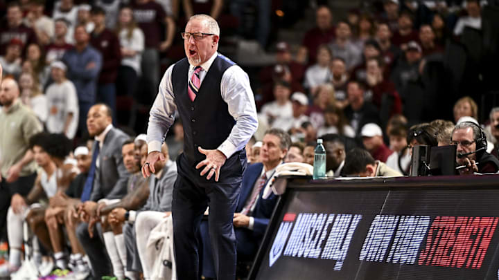 Feb 15, 2025; College Station, Texas, USA; Texas A&M Aggies head coach Buzz Williams reacts during the first half against the Arkansas Razorbacks at Reed Arena. Mandatory Credit: Maria Lysaker-Imagn Images 