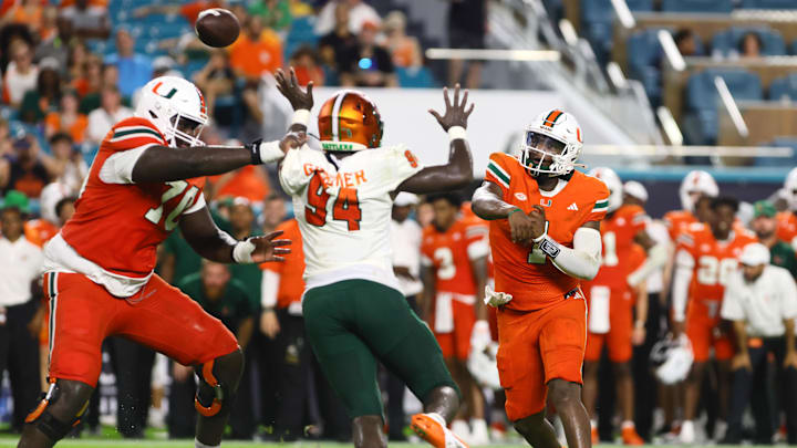 Sep 7, 2024; Miami Gardens, Florida, USA; Miami Hurricanes quarterback Cam Ward (1) passes the football against the Florida A&M Rattlers during the third quarter at Hard Rock Stadium. Mandatory Credit: Sam Navarro-Imagn Images