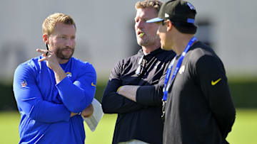 Jul 29, 2024; Los Angeles, CA, USA; Los Angeles Rams head coach Sean McVay, general manager Les Snead and chief of staff Carter Crutchfield. Mandatory Credit: Jayne Kamin-Oncea-Imagn Images