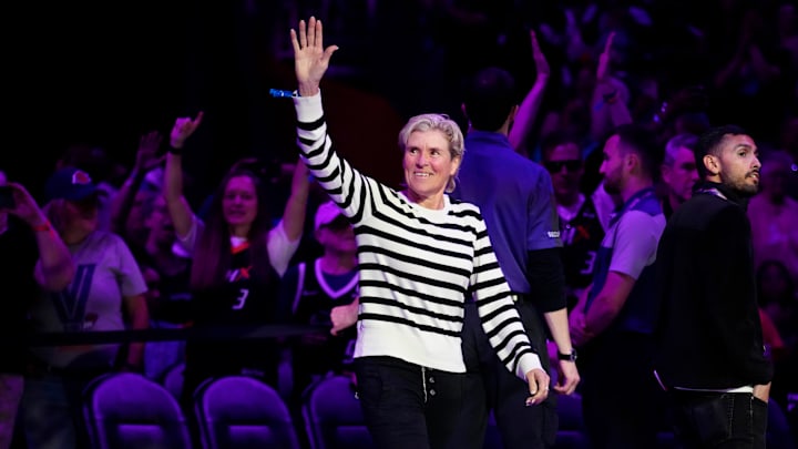 Mercury legend Michele Timms comes on the court during the Ring of Honor ceremony at the Footprint Center on Saturday, May 18, 2024.