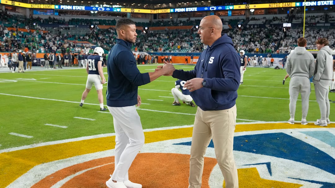 Penn State football head coach James Franklin and Notre Dame football head coach Marcus Freeman
