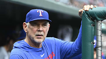 uJun 8, 2025; Washington, District of Columbia, USA; Texas Rangers manager Bruce Bochy (15) in the dugout before the game against the Washington Nationals at Nationals Park. 