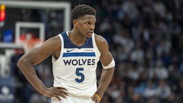 Jan 11, 2025; Minneapolis, Minnesota, USA; Minnesota Timberwolves guard Anthony Edwards (5) looks on in the second half against the Memphis Grizzlies at Target Center. Mandatory Credit: Jesse Johnson-Imagn Images
