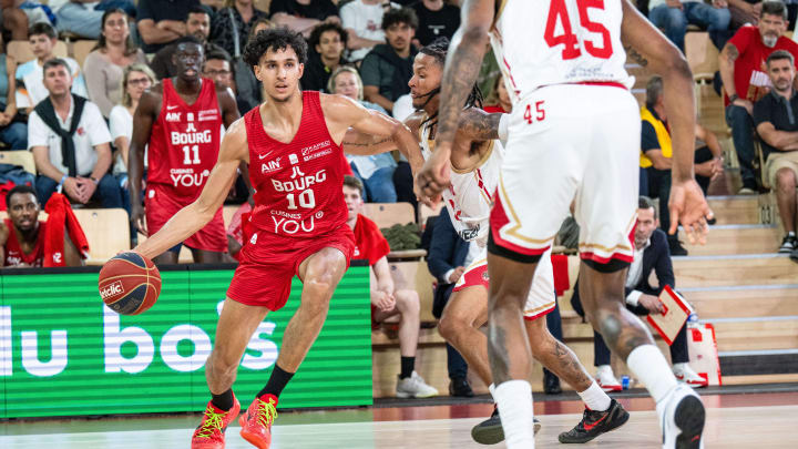 FOR NORTH AMERICA CUSTOMERS ONLY - JL Bourg player #10 Zaccharie Risacher seen in action during the second match of Betclic Elite semi-final play off between AS Monaco and JL Bourg at Gaston Medecin Hall on May 25, 2024. Laurent Coust/SOPA Images/Sipa USA via USA TODAY Sports