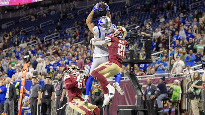 St. Louis Battlehawks wide receiver Marcell Ateman (3) jumps for a catch between Michigan Panthers safety Kai Nacua (21) and cornerback Keith Gipson (6) during the second half at Ford Field. St. Louis Battlehawks wide receiver Marcell Ateman (3) jumps for a catch between Michigan Panthers safety Kai Nacua (21) and cornerback Keith Gipson (6) during the second half at Ford Field.