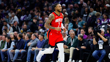 Jan 16, 2025; Sacramento, California, USA; Houston Rockets forward Cam Whitmore (7) reacts after scoring a basket during the second quarter against the Sacramento Kings at Golden 1 Center. Mandatory Credit: Sergio Estrada-Imagn Images