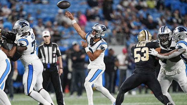 Carolina Panthers quarterback Bryce Young (9) throws a pass against the New Orleans Saints 