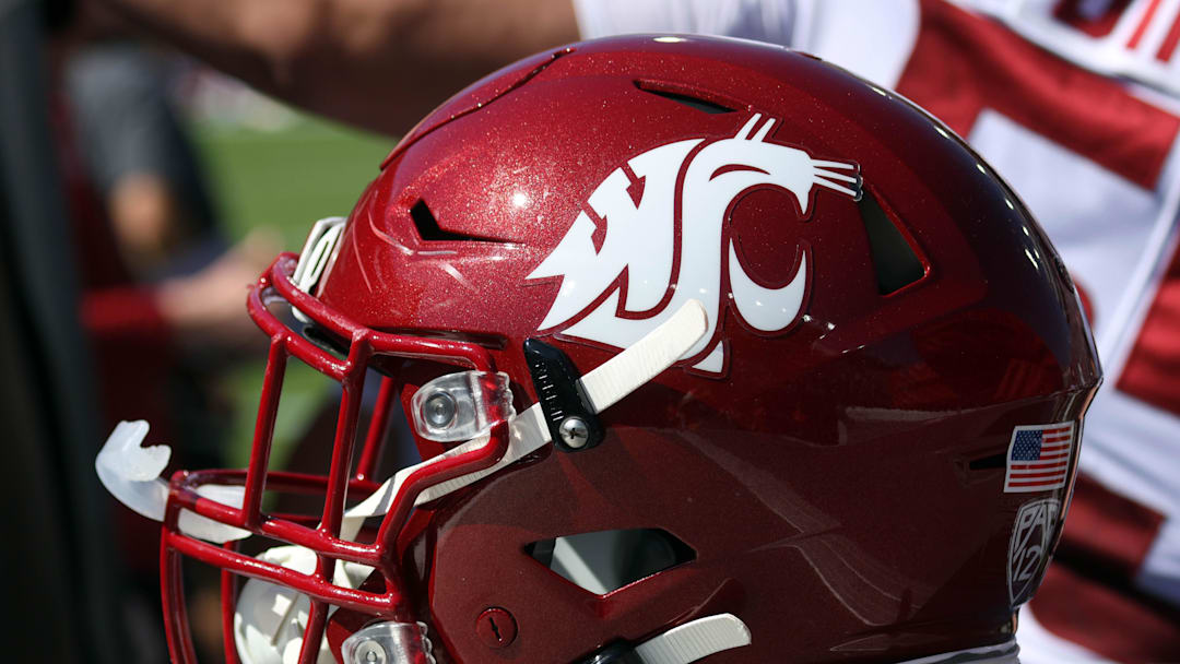 Oct 11, 2025; Oxford, Mississippi, USA; Washington State Cougars helmet sits on the sideline during the second quarter against the Mississippi Rebels at Vaught-Hemingway Stadium. Mandatory Credit: Petre Thomas-Imagn Images