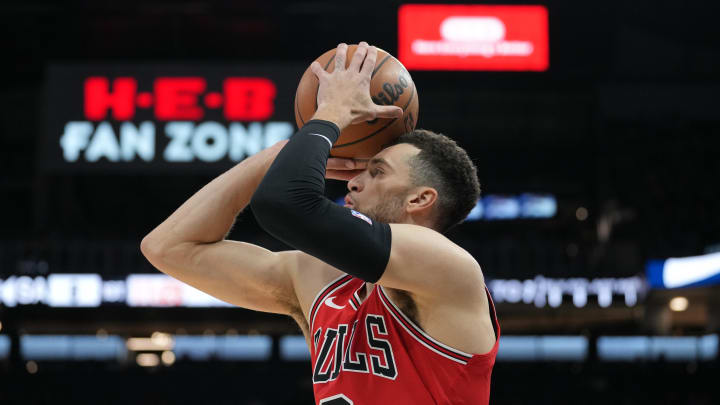 Jan 13, 2024; San Antonio, Texas, USA;  Chicago Bulls guard Zach LaVine (8) shoots in the first half against the San Antonio Spurs at Frost Bank Center. Mandatory Credit: Daniel Dunn-USA TODAY Sports