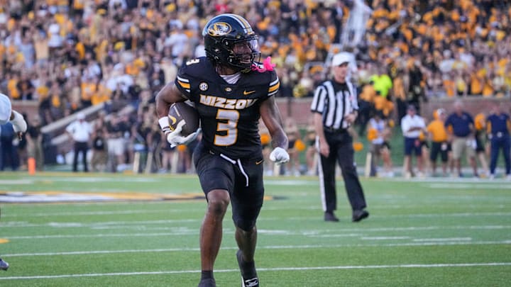 Aug 29, 2024; Columbia, Missouri, USA; Missouri Tigers wide receiver Luther Burden III (3) runs in for a touchdown against the Murray State Racers during the first half at Faurot Field at Memorial Stadium. Mandatory Credit: Denny Medley-Imagn Images