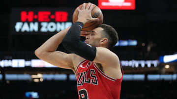 Jan 13, 2024; San Antonio, Texas, USA;  Chicago Bulls guard Zach LaVine (8) shoots in the first half against the San Antonio Spurs at Frost Bank Center. Mandatory Credit: Daniel Dunn-USA TODAY Sports