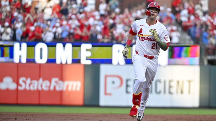 May 17, 2024; St. Louis, Missouri, USA;  St. Louis Cardinals right fielder Lars Nootbaar (21) runs the bases after hitting a tow run home run against the Boston Red Sox during the first inning at Busch Stadium. Mandatory Credit: Jeff Curry-USA TODAY Sports