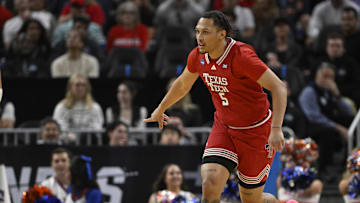 Mar 29, 2025; San Francisco, CA, USA; Texas Tech Red Raiders forward Darrion Williams (5) reacts after a three point basket during the first half against the Florida Gators during the West Regional final of the 2025 NCAA tournament at Chase Center. Mandatory Credit: Eakin Howard-Imagn Images