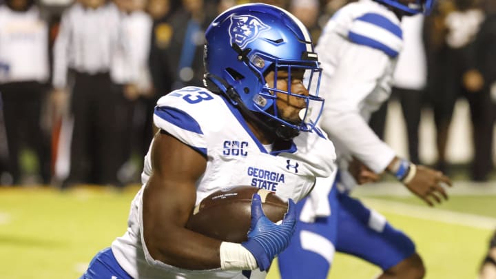 Oct 19, 2022; Boone, North Carolina, USA;  Georgia State Panthers running back Marcus Carroll (23) runs the ball during the second quarter against the Appalachian State Mountaineers at Kidd Brewer Stadium. Mandatory Credit: Reinhold Matay-USA TODAY Sports