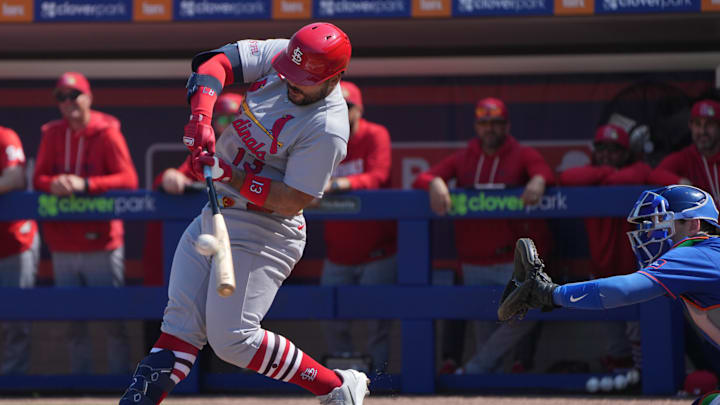 Feb 25, 2026; Port St. Lucie, Florida, USA;  St. Louis Cardinals catcher Leonardo Bernal (13) hits a single in the second inning against the New York Mets at Clover Park. Mandatory Credit: Jim Rassol-Imagn Images