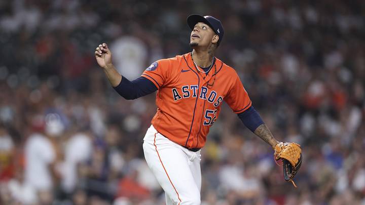 Apr 17, 2026; Houston, Texas, USA; Houston Astros pitcher Bryan Abreu (52) looks up after a pitch during the seventh inning against the St. Louis Cardinals at Daikin Park. Mandatory Credit: Troy Taormina-Imagn Images