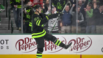 Dec 11, 2023; Dallas, Texas, USA; Dallas Stars center Roope Hintz (24) celebrates a goal scored by