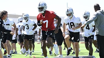 Jun 10, 2025; Henderson, NV, USA; Las Vegas Raiders quarterback Geno Smith (7) performs a drill during Las Vegas Raiders Minicamp at Intermountain Health Performance Center. Mandatory Credit: Candice Ward-Imagn Images