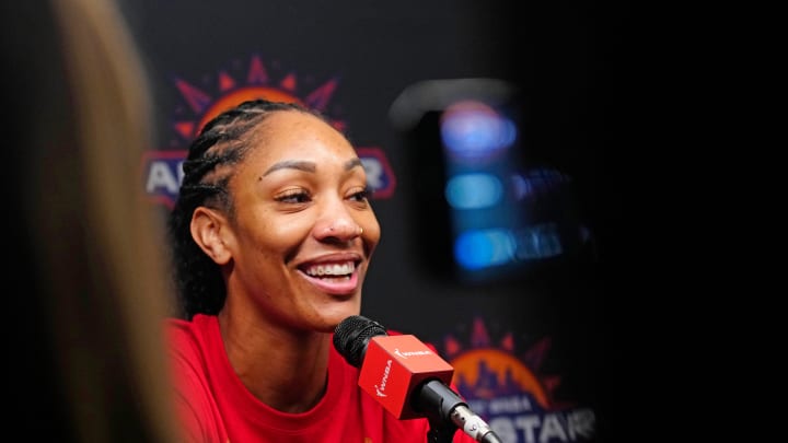 July 19, 2024; Phoenix, Ariz., U.S.; USA center A'ja Wilson speaks to the press during WNBA All-Star Media Day at the Footprint Center.