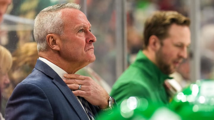 Nov 23, 2022; Saint Paul, Minnesota, USA; Minnesota Wild head coach Dean Evason looks on during the first period against the Winnipeg Jets at Xcel Energy Center. Mandatory Credit: Brace Hemmelgarn-USA TODAY Sports