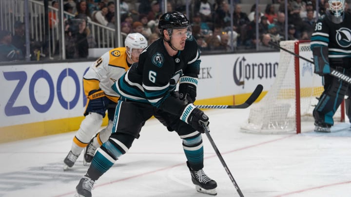 Feb 24, 2024; San Jose, California, USA;  San Jose Sharks defenseman Ty Emberson (6) during the third period against the Nashville Predators at SAP Center at San Jose. Mandatory Credit: Stan Szeto-USA TODAY Sports