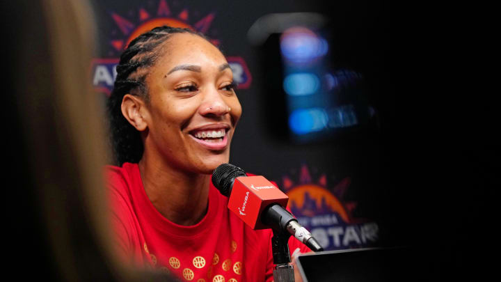 July 19, 2024; Phoenix, Ariz., U.S.; USA center A'ja Wilson speaks to the press during WNBA All-Star Media Day at the Footprint Center.