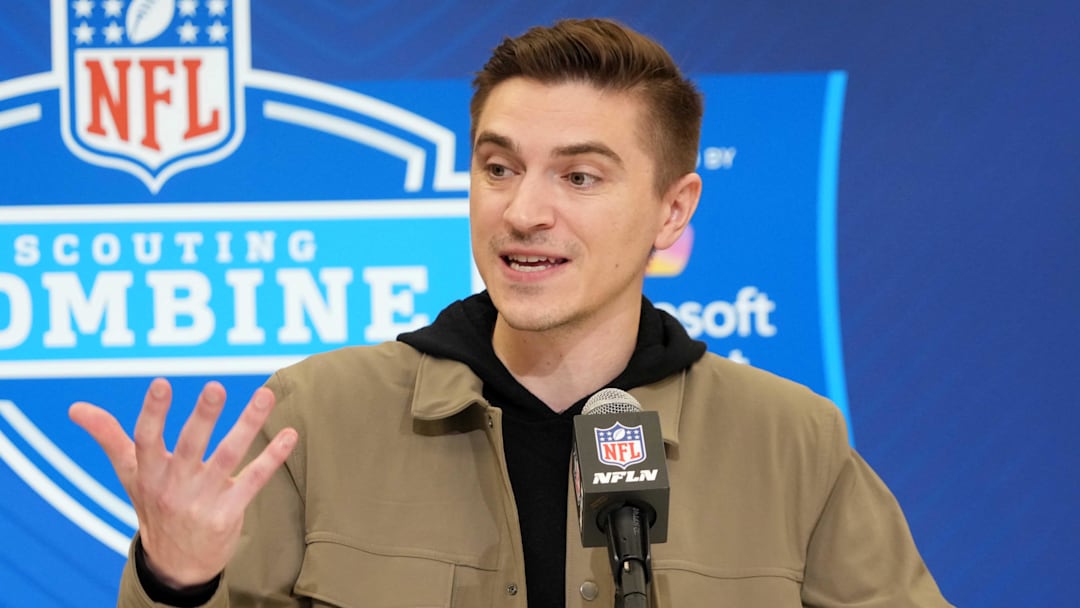 Feb 25, 2025; Indianapolis, IN, USA; Jacksonville Jaguars general manger James Gladstone speaks during the NFL Scouting Combine at the Indiana Convention Center. Mandatory Credit: Kirby Lee-Imagn Images