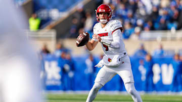 Nov 30, 2024; Lexington, Kentucky, USA; Louisville Cardinals quarterback Tyler Shough (9) looks to pass the ball during the first quarter against the Kentucky Wildcats at Kroger Field. Mandatory Credit: Jordan Prather-Imagn Images