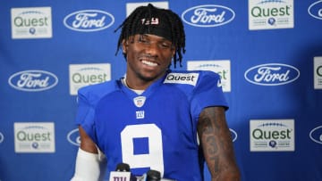 Jul 26, 2024; East Rutherford, NJ, USA; New York Giants wide receiver Malik Nabers (9) speaks at a press conference after training camp at Quest Diagnostics Training Center.  