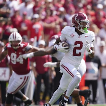 Sep 14, 2024; Madison, Wisconsin, USA;  Alabama Crimson Tide wide receiver Ryan Williams (2) during the game against the Wisconsin Badgers at Camp Randall Stadium. Mandatory Credit: Jeff Hanisch-Imagn Images